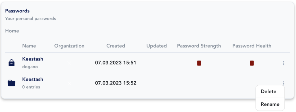context menu - keestash password list